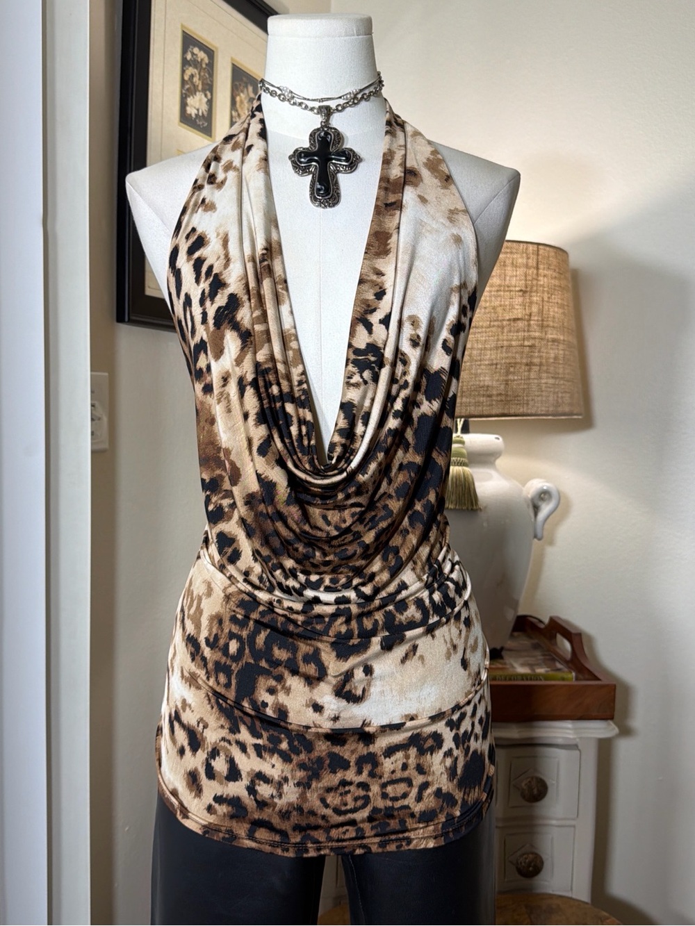 Y2K Bebe Leopard Print Halter Top in Brown and Cream